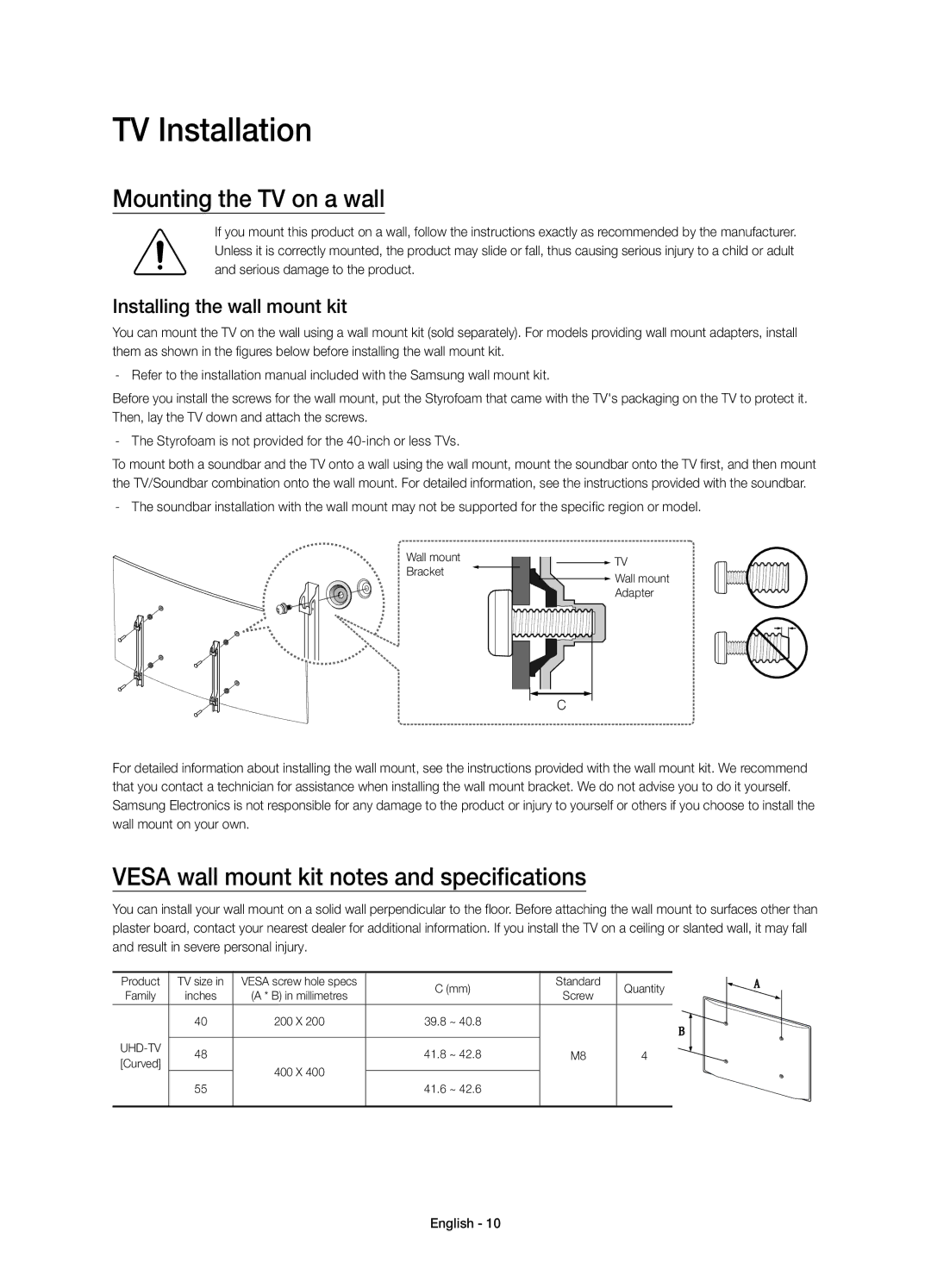 Samsung UE55JU6640UXZG manual TV Installation, Mounting the TV on a wall, Vesa wall mount kit notes and specifications 