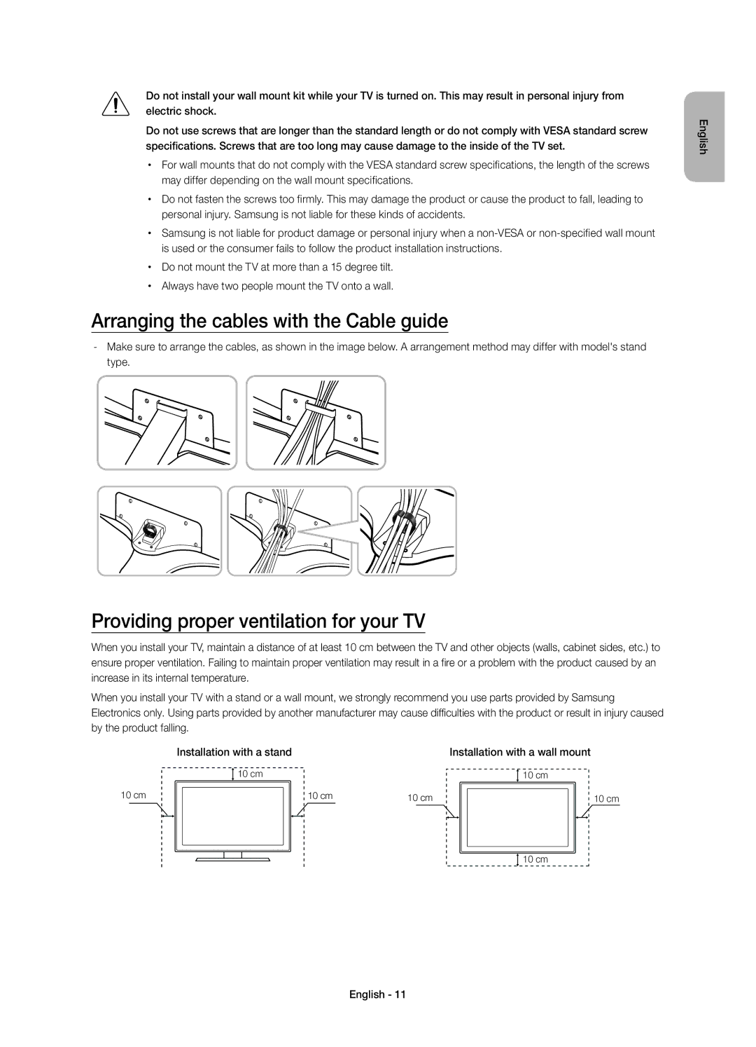 Samsung UE55JU6770UXZG, UE40JU6750UXZG Arranging the cables with the Cable guide, Providing proper ventilation for your TV 