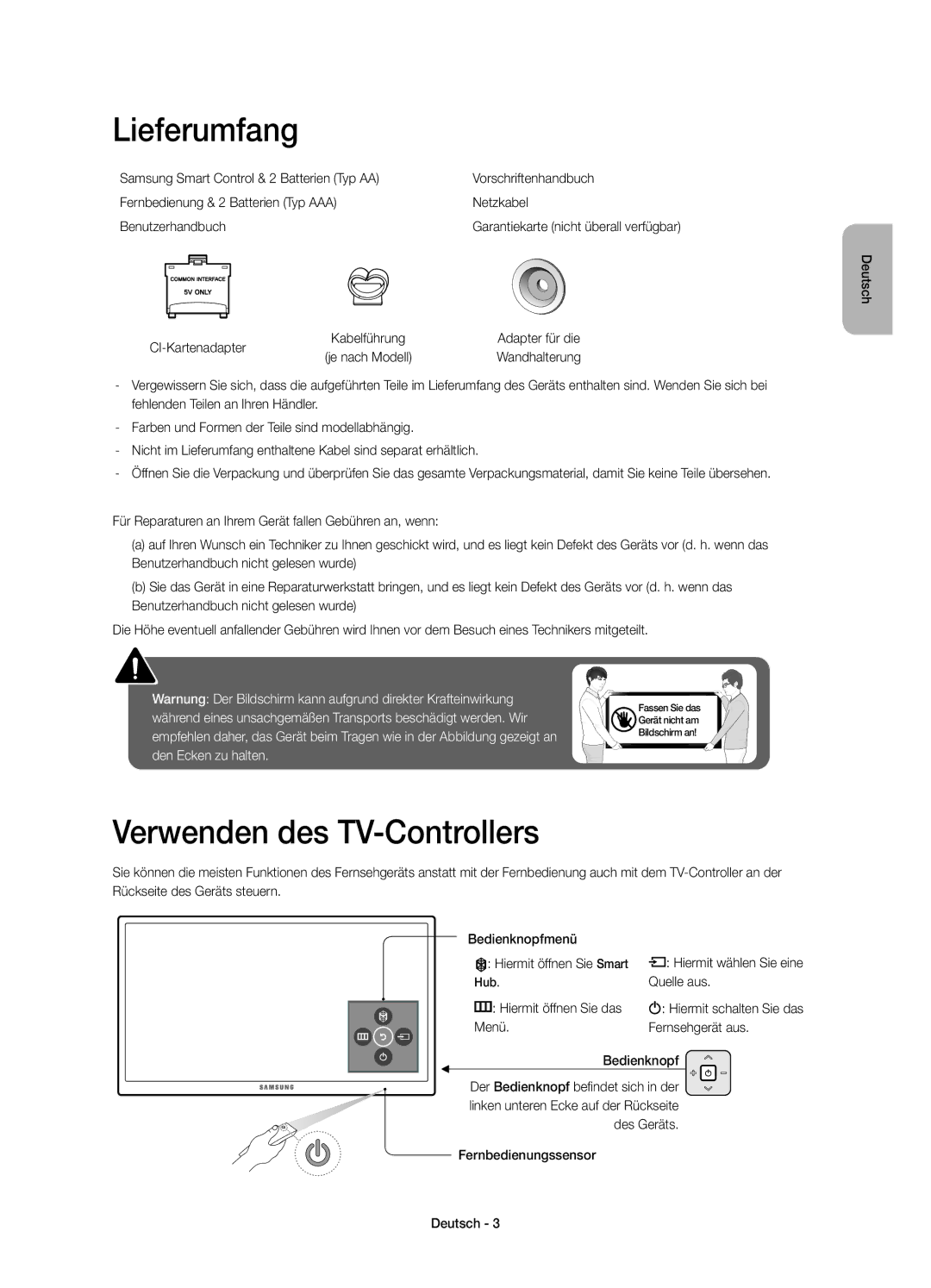 Samsung UE48JU6640UXXC, UE40JU6750UXZG manual Lieferumfang, Verwenden des TV-Controllers, CI-Kartenadapter, Quelle aus 