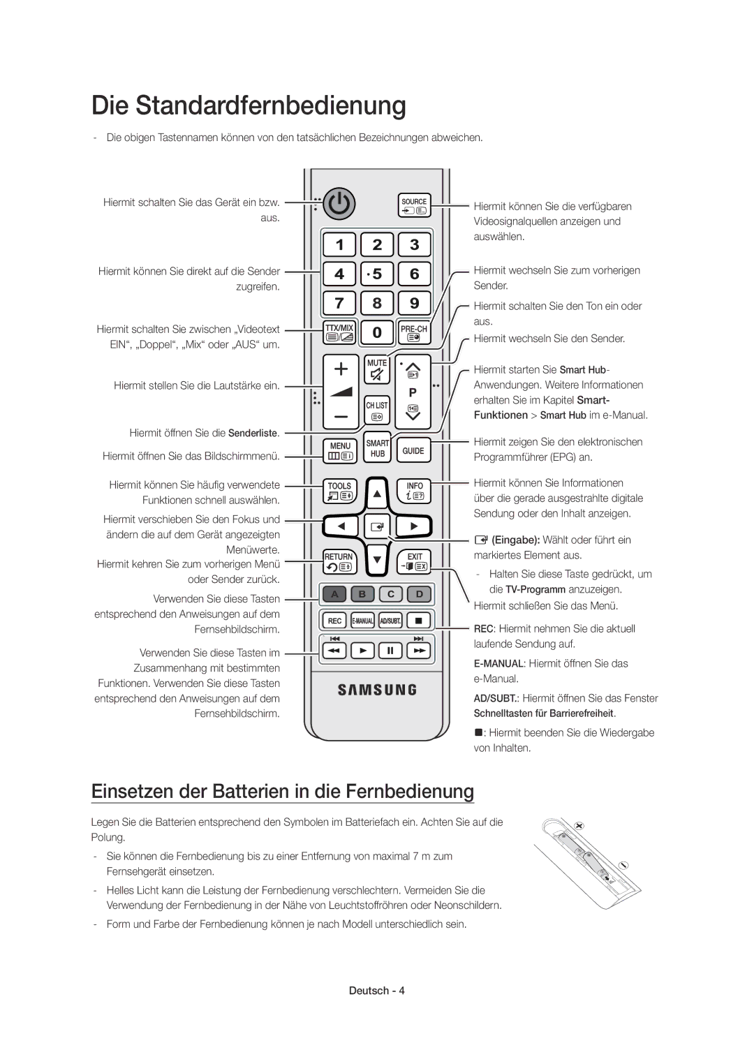 Samsung UE40JU6740UXXC, UE40JU6750UXZG manual Die Standardfernbedienung, Einsetzen der Batterien in die Fernbedienung 