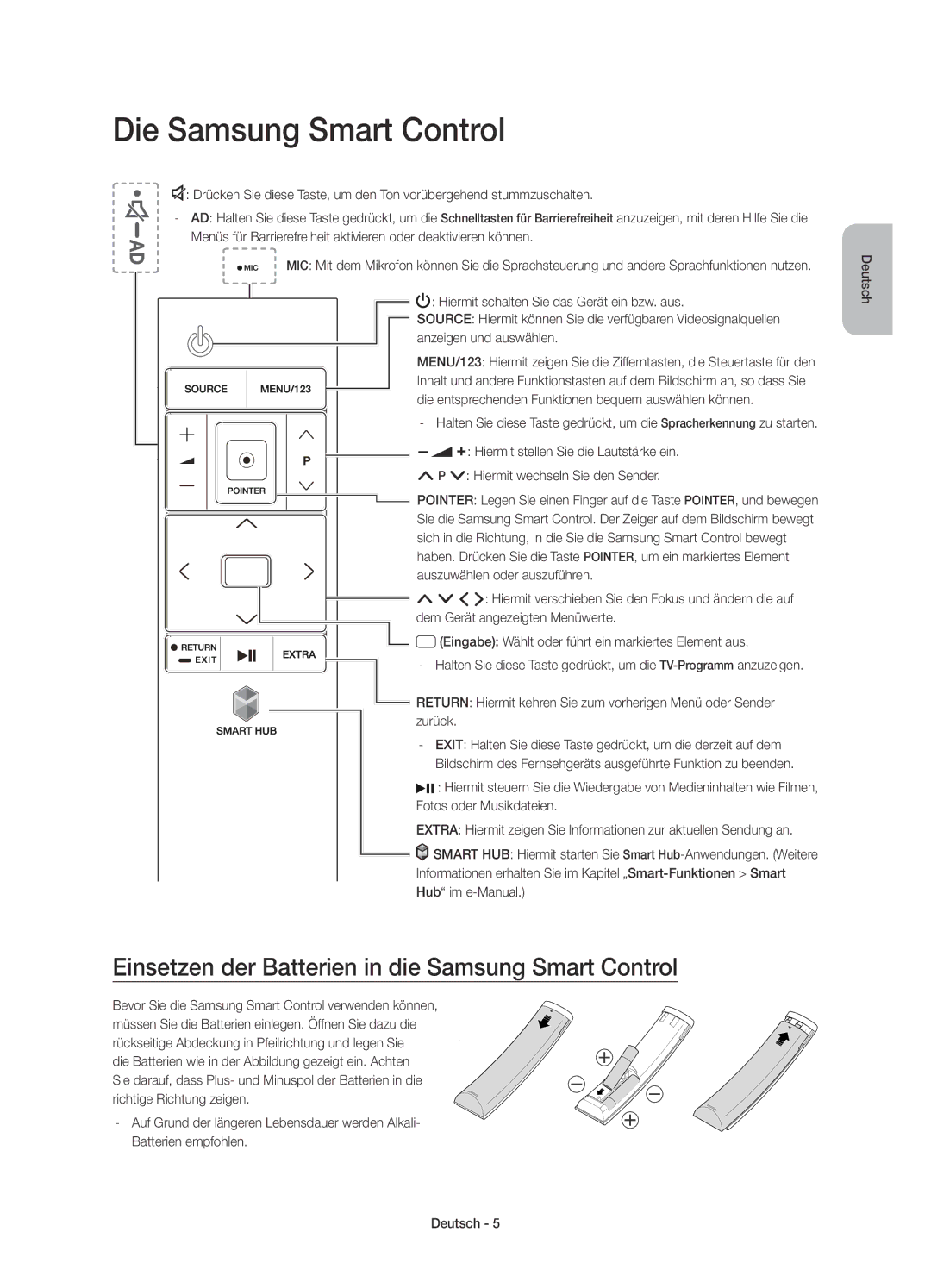 Samsung UE55JU6740UXXC, UE40JU6750UXZG Die Samsung Smart Control, Einsetzen der Batterien in die Samsung Smart Control 