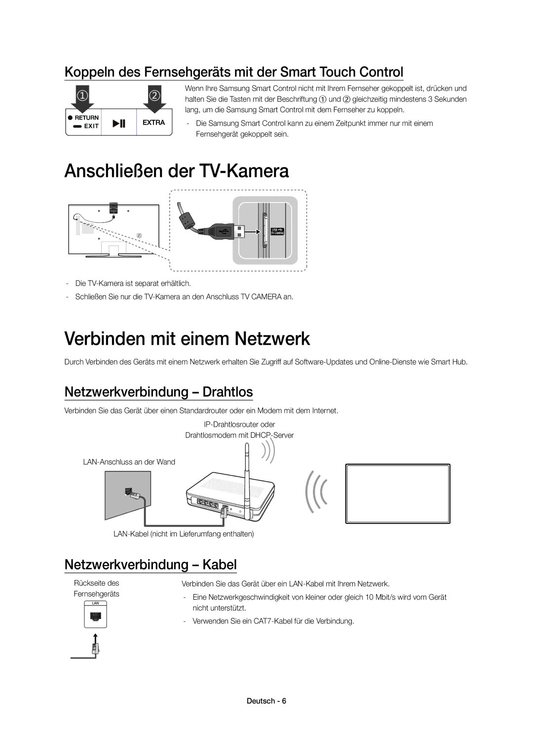 Samsung UE55JU6640UXXC manual Anschließen der TV-Kamera, Verbinden mit einem Netzwerk, Netzwerkverbindung Drahtlos 