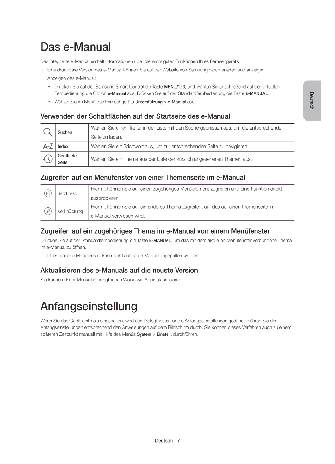 Samsung UE40JU6640UXXC manual Das e-Manual, Anfangseinstellung, Verwenden der Schaltflächen auf der Startseite des e-Manual 