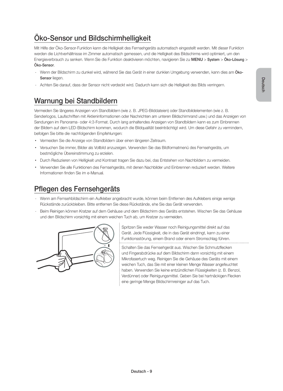 Samsung UE55JU6770UXXN manual Öko-Sensor und Bildschirmhelligkeit, Warnung bei Standbildern, Pflegen des Fernsehgeräts 