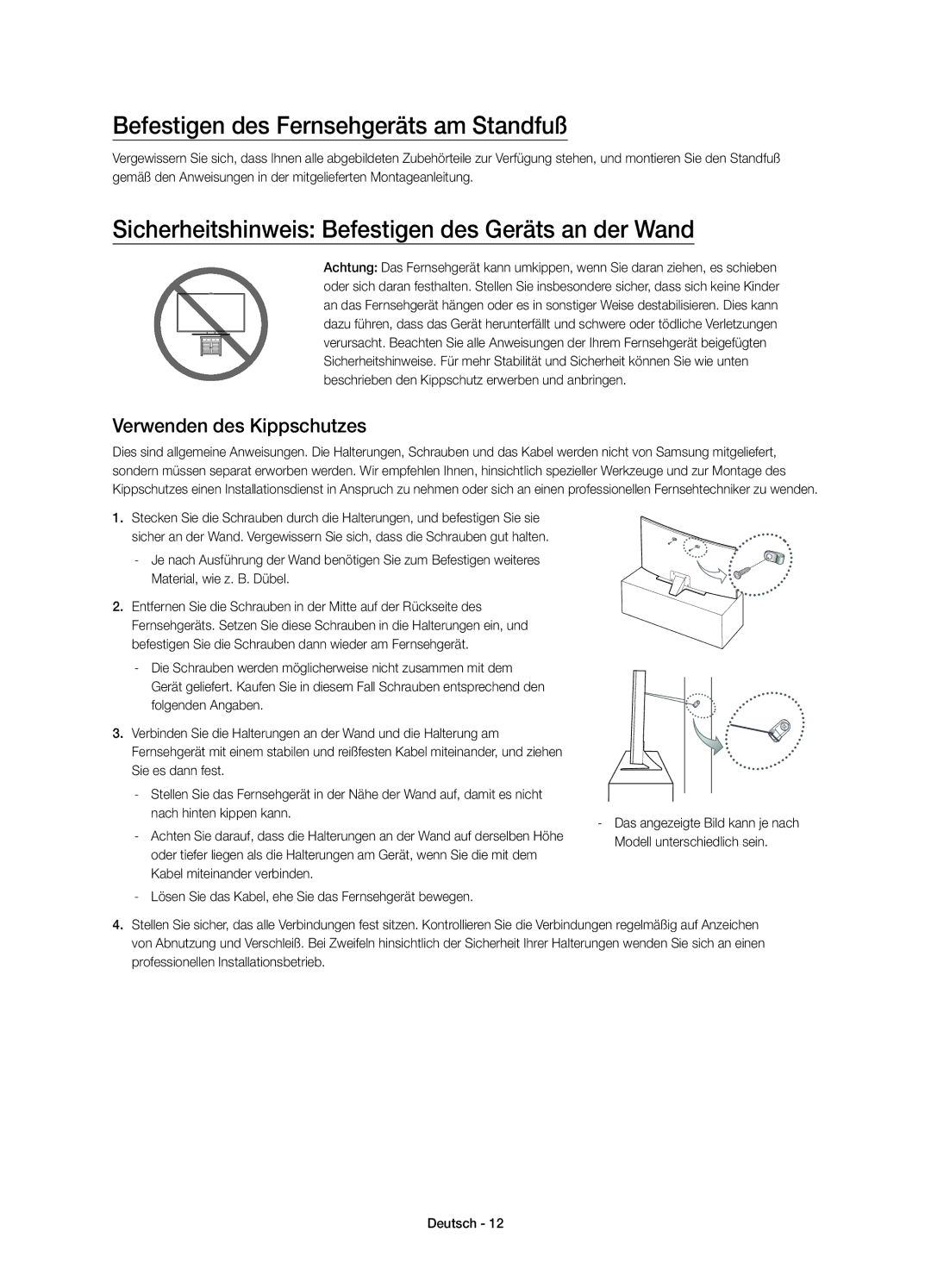 Samsung UE55JU6750UXXN Befestigen des Fernsehgeräts am Standfuß, Sicherheitshinweis Befestigen des Geräts an der Wand 