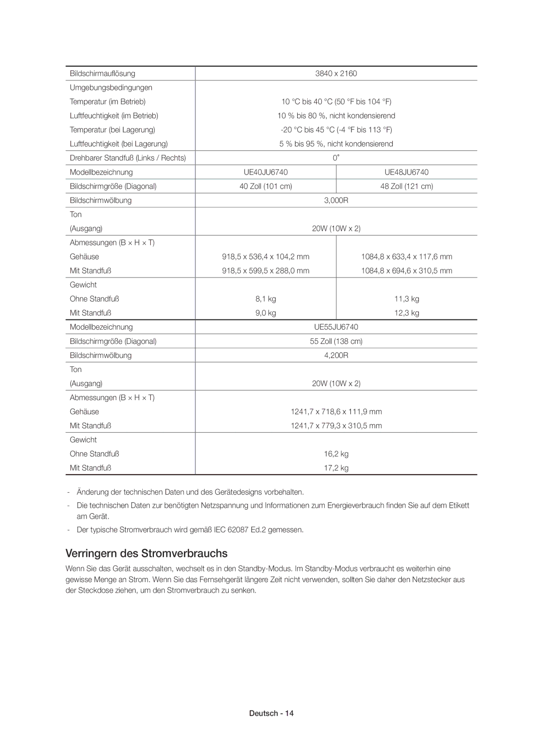 Samsung UE40JU6740UXXU, UE40JU6750UXZG, UE40JU6640UXZG, UE48JU6640UXZG, UE48JU6770UXZG manual Verringern des Stromverbrauchs 