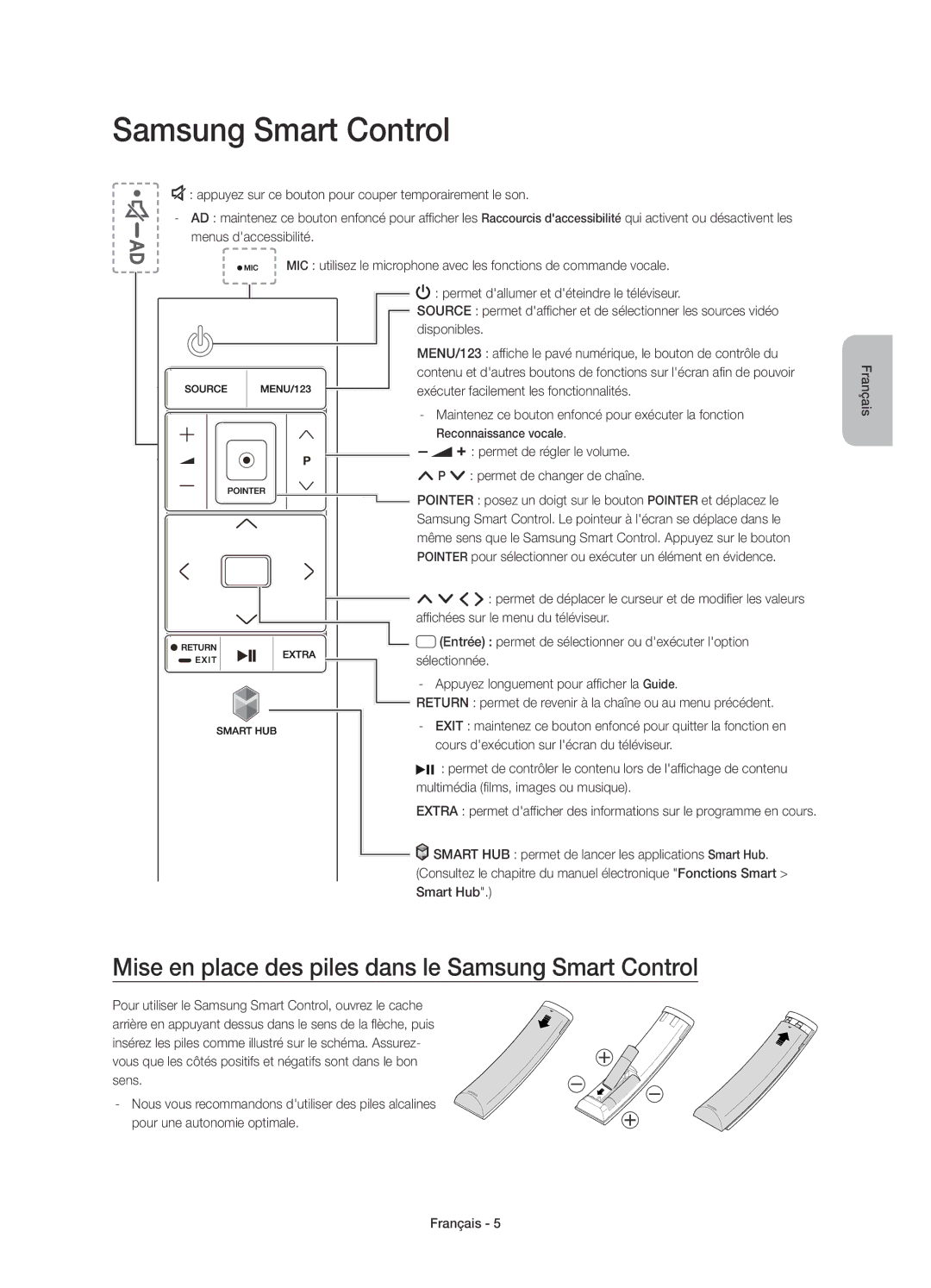 Samsung UE55JU6640UXXN, UE40JU6750UXZG, UE40JU6640UXZG, UE48JU6640UXZG Mise en place des piles dans le Samsung Smart Control 