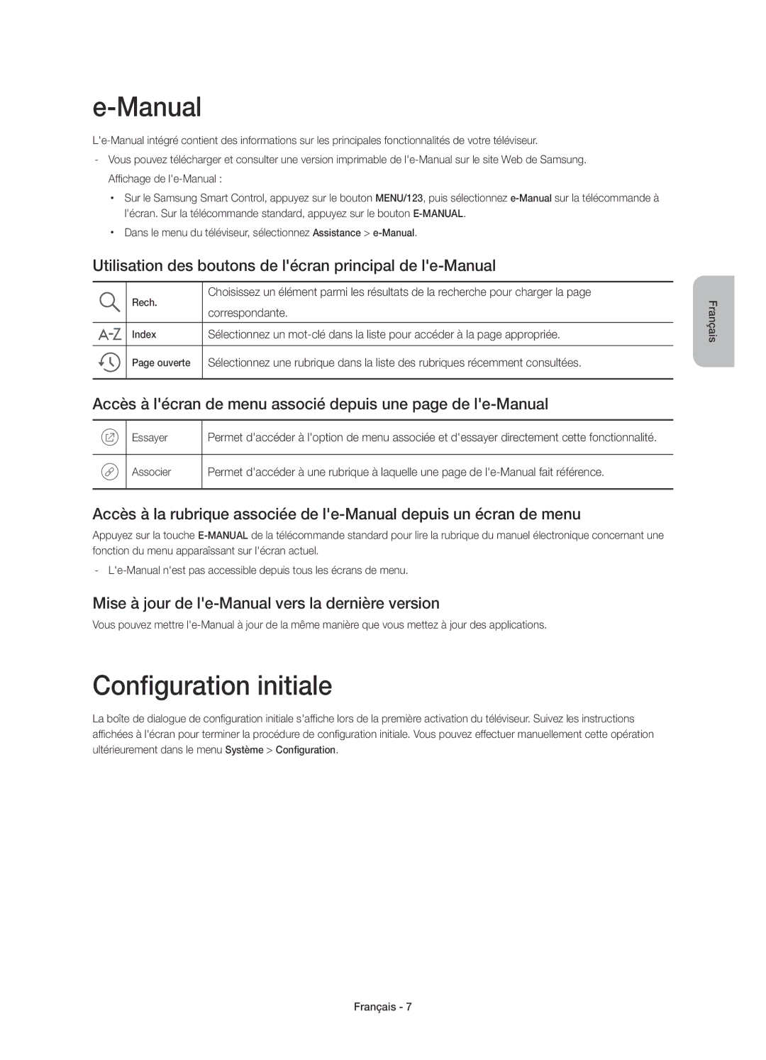 Samsung UE40JU6640UXZG manual Configuration initiale, Utilisation des boutons de lécran principal de le-Manual 