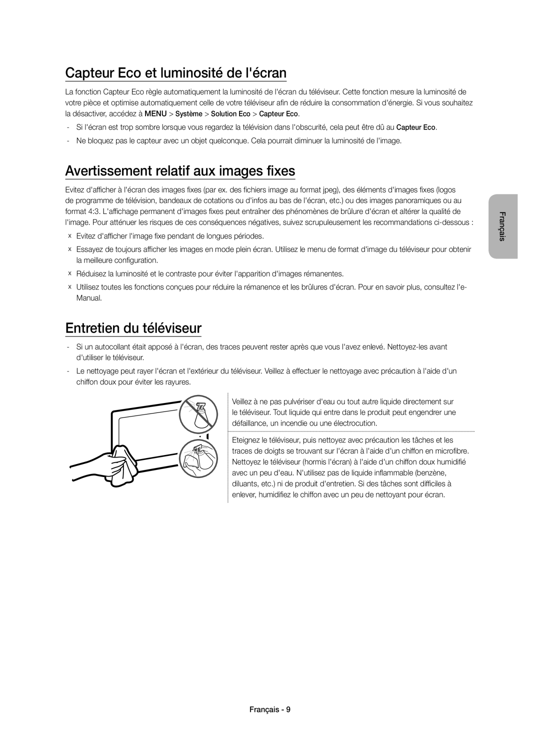 Samsung UE48JU6770UXZG, UE40JU6750UXZG manual Capteur Eco et luminosité de lécran, Avertissement relatif aux images fixes 