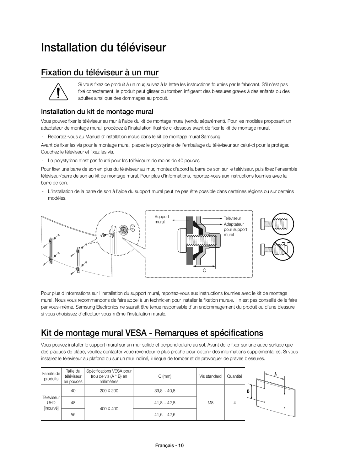 Samsung UE55JU6740UXZG Installation du téléviseur, Fixation du téléviseur à un mur, Installation du kit de montage mural 