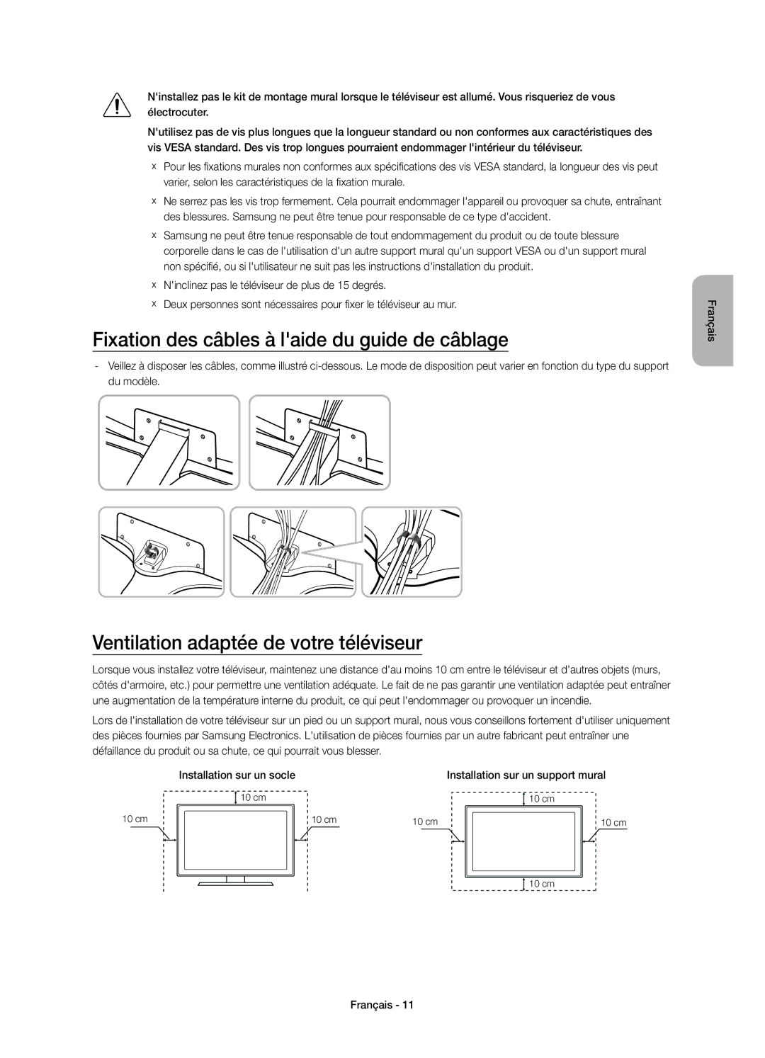 Samsung UE40JU6740UXZG manual Fixation des câbles à laide du guide de câblage, Ventilation adaptée de votre téléviseur 