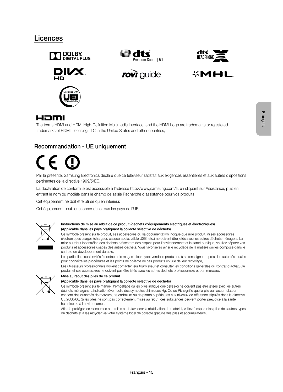 Samsung UE48JU6750UXZG, UE40JU6750UXZG, UE40JU6640UXZG, UE48JU6640UXZG, UE48JU6770UXZG Licences, Recommandation UE uniquement 