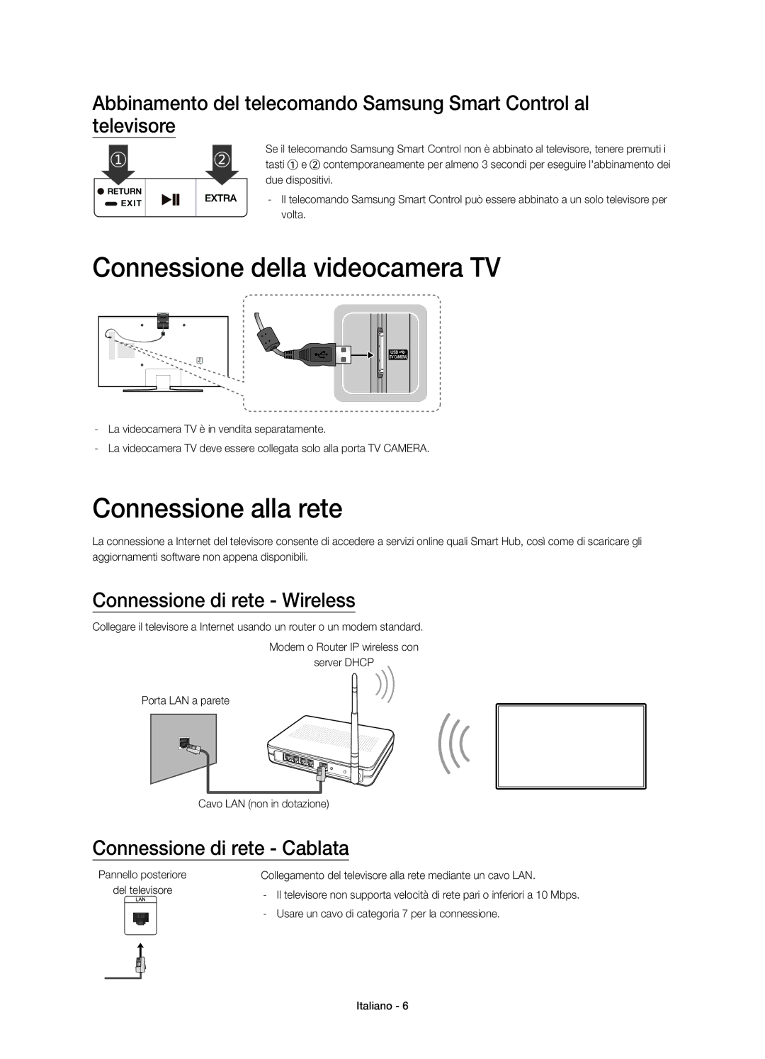 Samsung UE40JU6640UXZF manual Connessione della videocamera TV, Connessione alla rete, Connessione di rete Wireless 