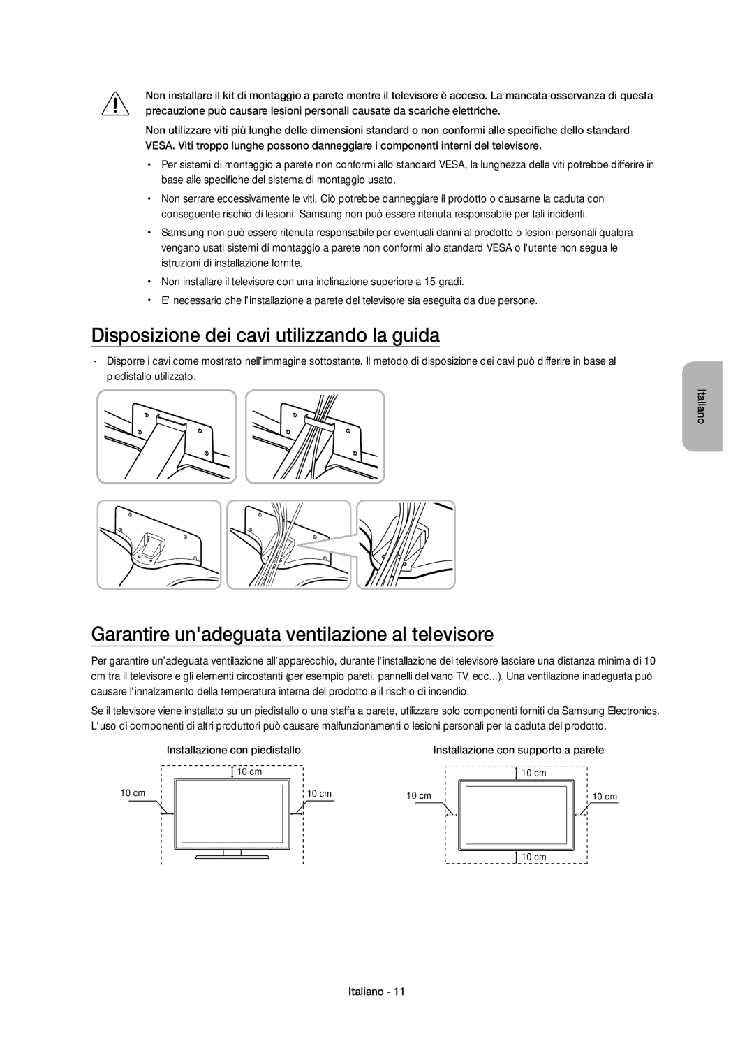 Samsung UE55JU6740UXXC manual Disposizione dei cavi utilizzando la guida, Garantire unadeguata ventilazione al televisore 