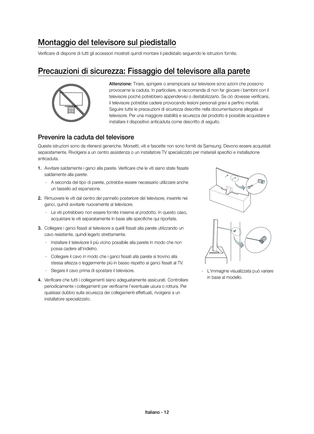 Samsung UE55JU6640UXXC, UE40JU6750UXZG manual Montaggio del televisore sul piedistallo, Prevenire la caduta del televisore 