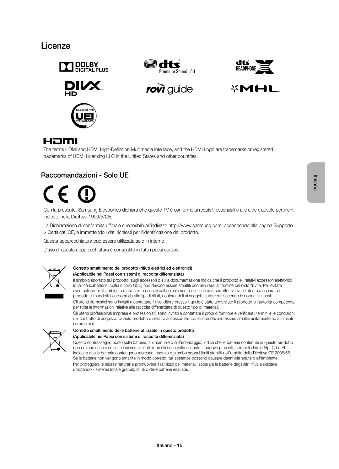 Samsung UE55JU6770UXXN, UE40JU6750UXZG, UE40JU6640UXZG, UE48JU6640UXZG, UE48JU6770UXZG manual Licenze, Raccomandazioni Solo UE 