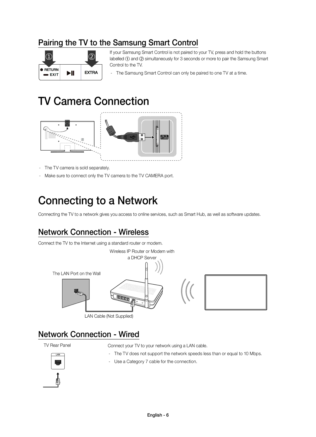 Samsung UE55JU6750UXZG manual TV Camera Connection, Connecting to a Network, Pairing the TV to the Samsung Smart Control 