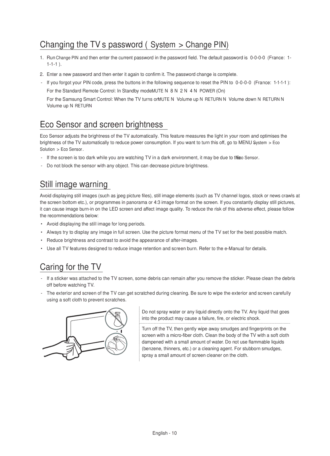 Samsung UE55JU6650SXXH Changing the TV’s password System Change PIN, Eco Sensor and screen brightness, Still image warning 