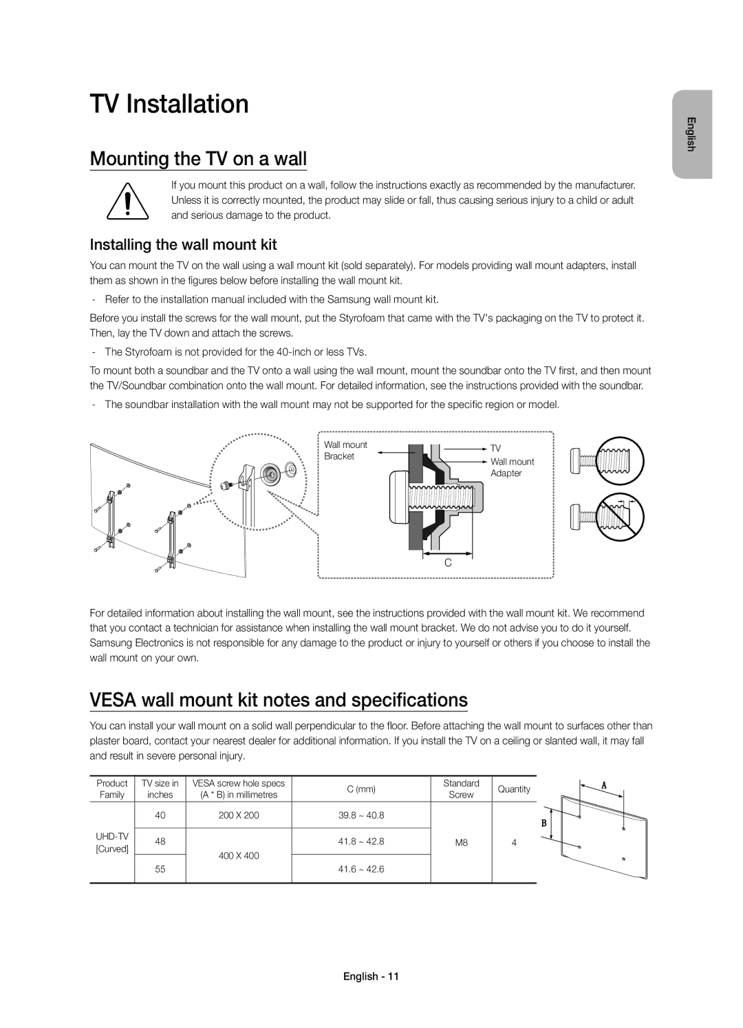 Samsung UE55JU6640UXZG manual TV Installation, Mounting the TV on a wall, Vesa wall mount kit notes and specifications 