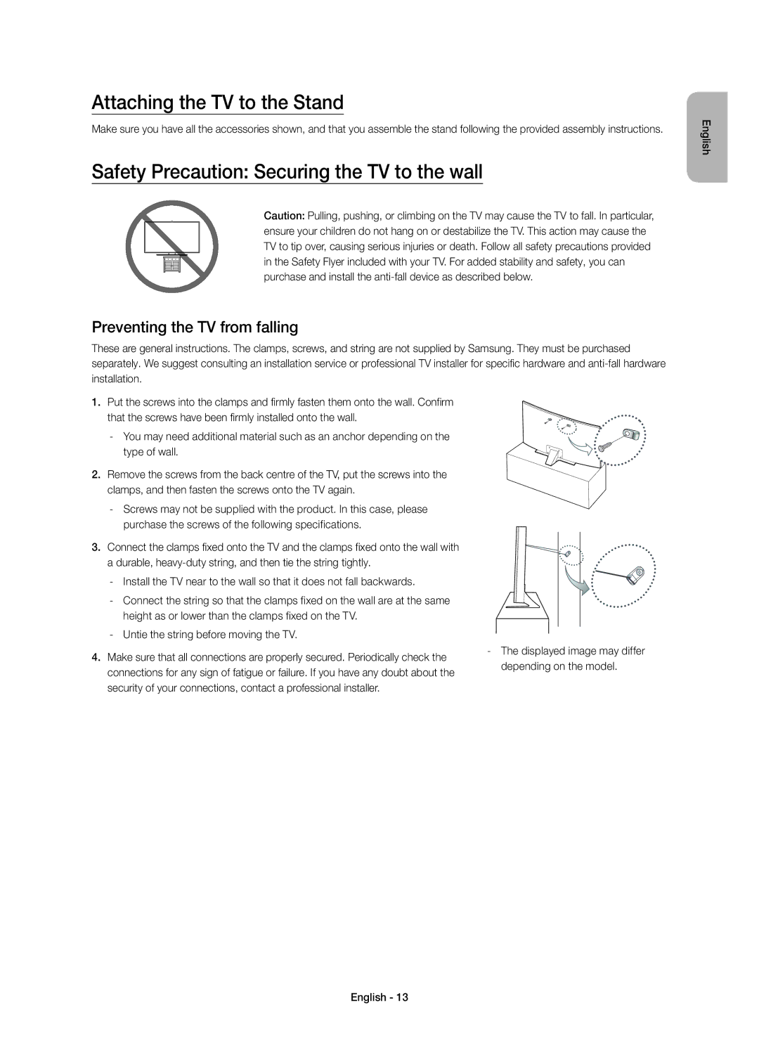 Samsung UE48JU6740SXXH, UE40JU6750UXZG manual Attaching the TV to the Stand, Safety Precaution Securing the TV to the wall 