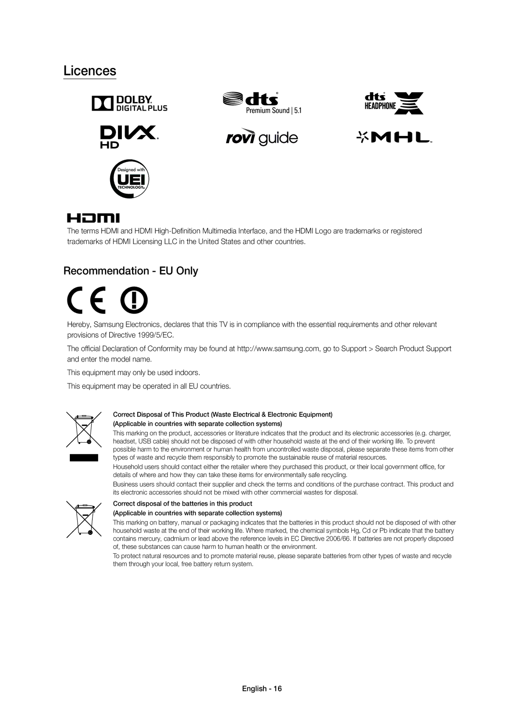 Samsung UE55JU6640UXZF, UE40JU6750UXZG, UE40JU6640UXZG, UE55JU6740SXXH, UE48JU6640UXZG manual Licences, Recommendation EU Only 