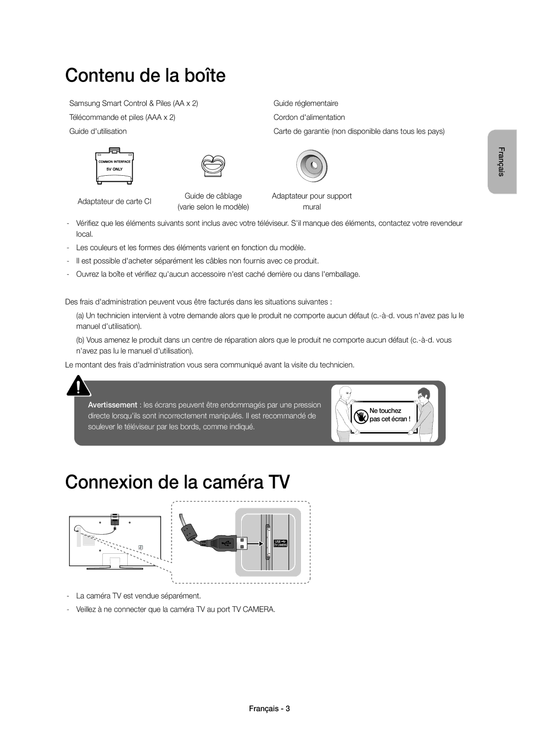 Samsung UE55JU6670UXZF, UE40JU6750UXZG manual Contenu de la boîte, Connexion de la caméra TV, Adaptateur de carte CI 