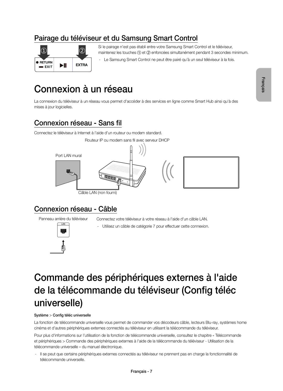 Samsung UE48JU6650SXXN Connexion à un réseau, Pairage du téléviseur et du Samsung Smart Control, Connexion réseau Sans fil 