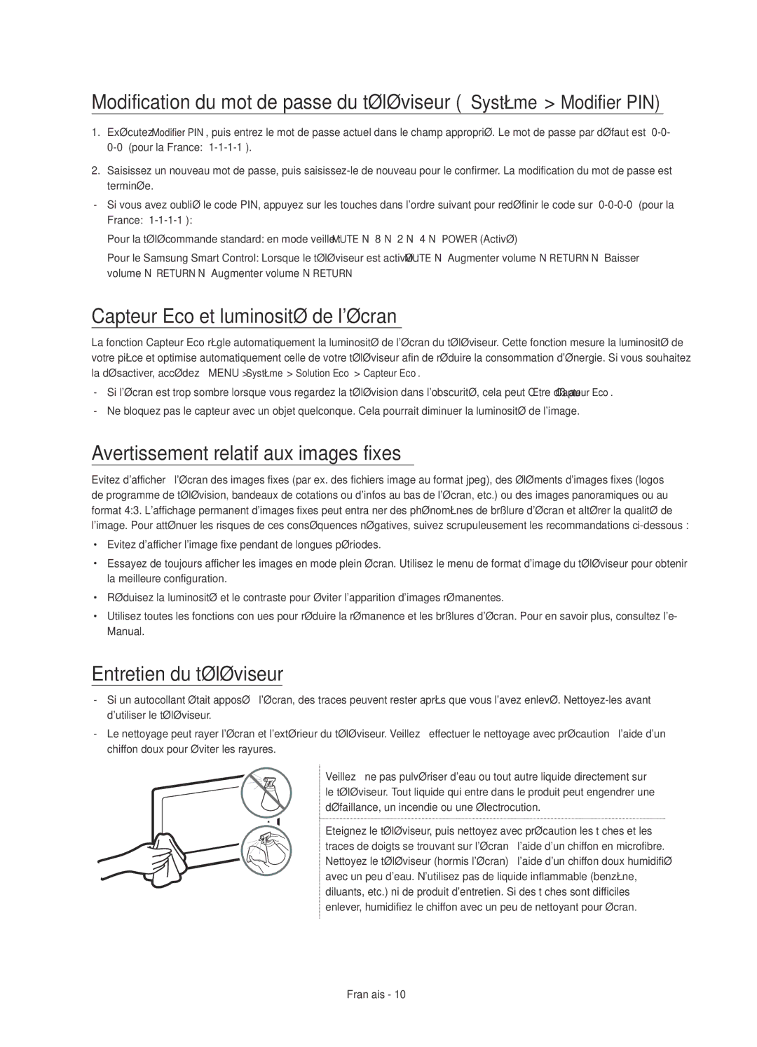 Samsung UE40JU6640UXXC, UE40JU6750UXZG manual Capteur Eco et luminosité de lécran, Avertissement relatif aux images fixes 