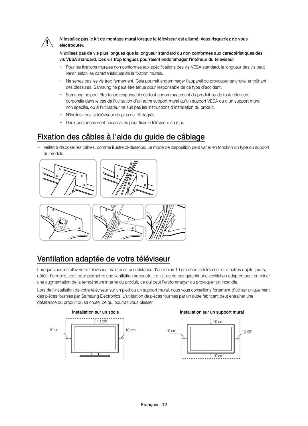 Samsung UE40JU6740SXXN manual Fixation des câbles à laide du guide de câblage, Ventilation adaptée de votre téléviseur 