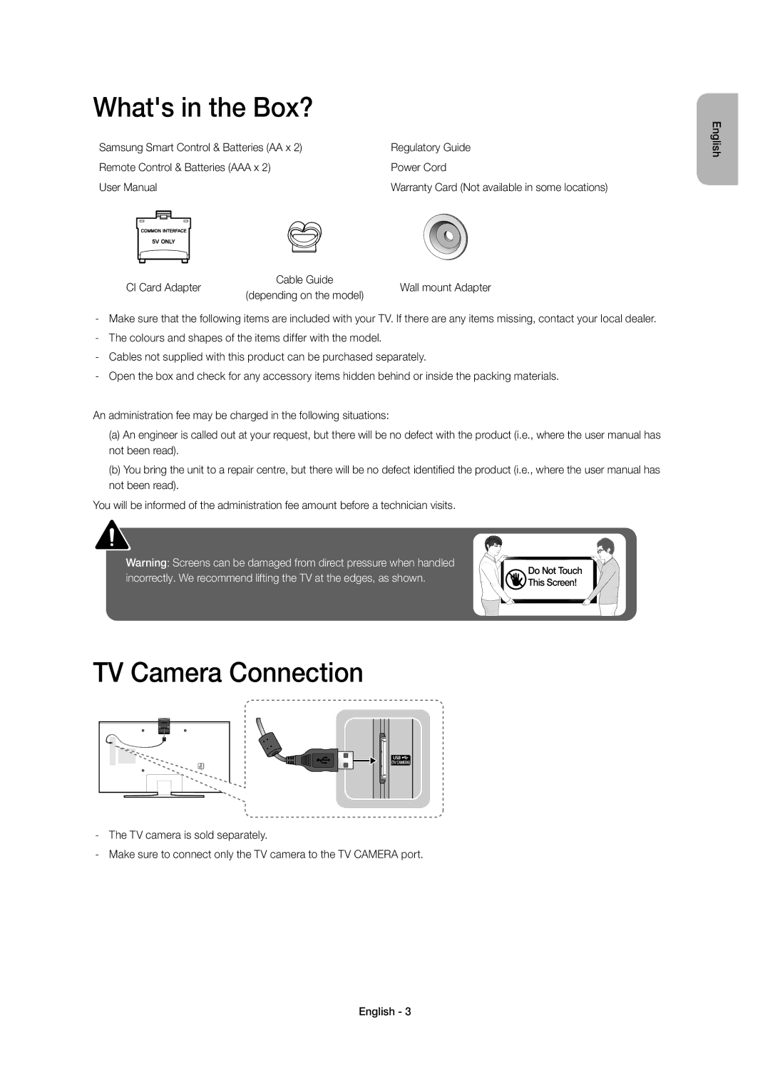 Samsung UE48JU6640UXZG, UE40JU6750UXZG, UE40JU6640UXZG manual Whats in the Box?, TV Camera Connection, CI Card Adapter 