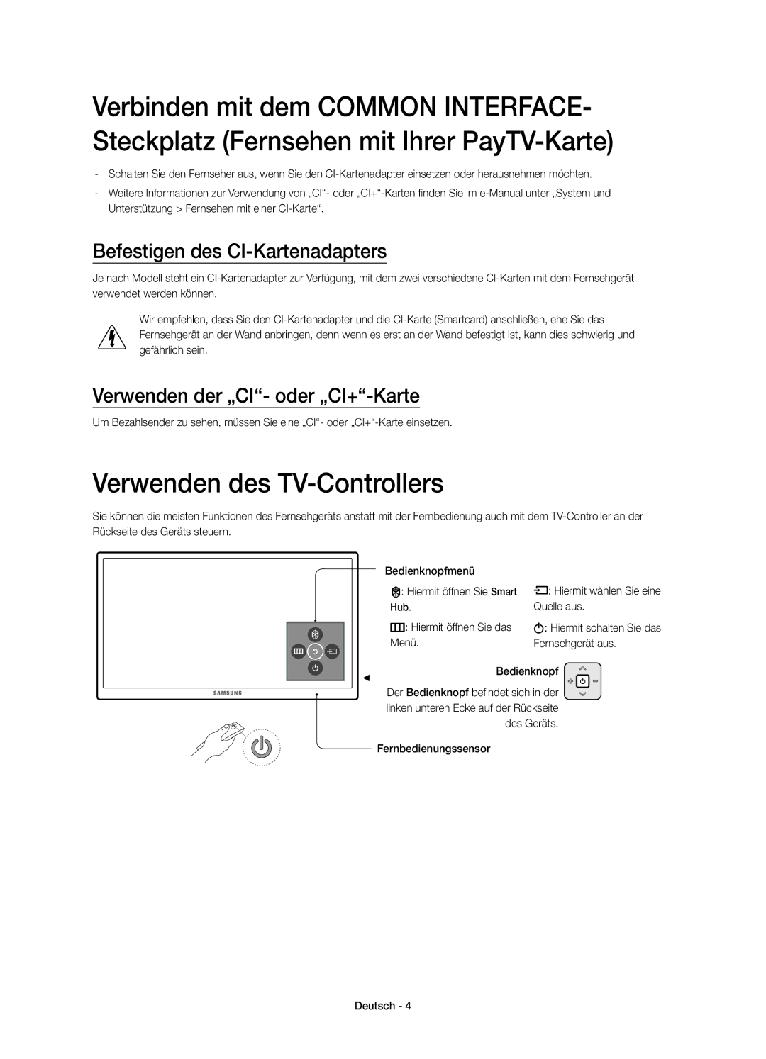 Samsung UE40JU6770UXXN Verwenden des TV-Controllers, Befestigen des CI-Kartenadapters, Verwenden der „CI- oder „CI+-Karte 