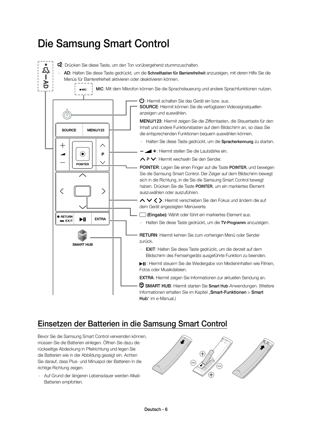 Samsung UE48JU6770UXXN, UE40JU6750UXZG Die Samsung Smart Control, Einsetzen der Batterien in die Samsung Smart Control 