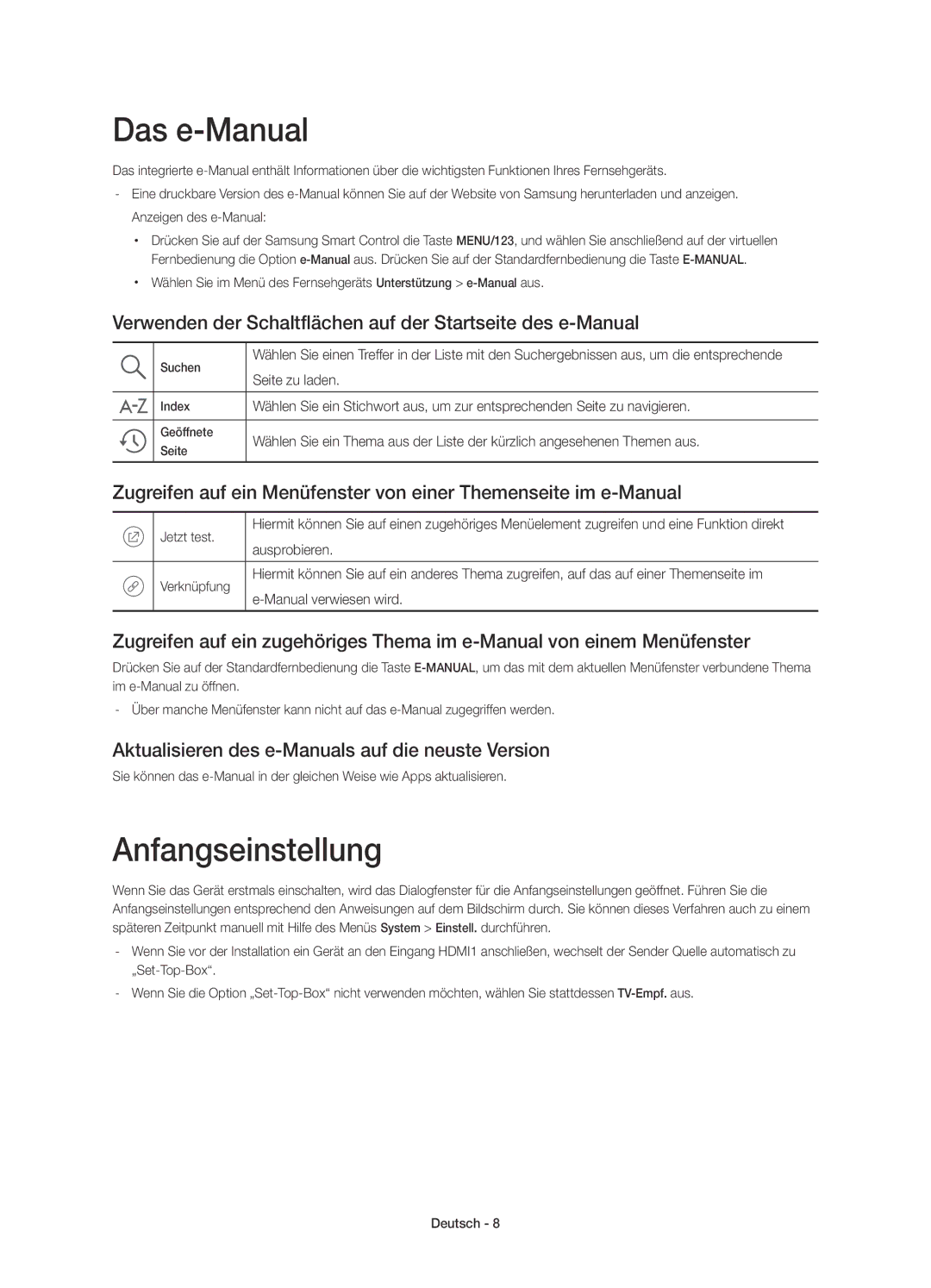 Samsung UE55JU6740SXXN manual Das e-Manual, Anfangseinstellung, Verwenden der Schaltflächen auf der Startseite des e-Manual 