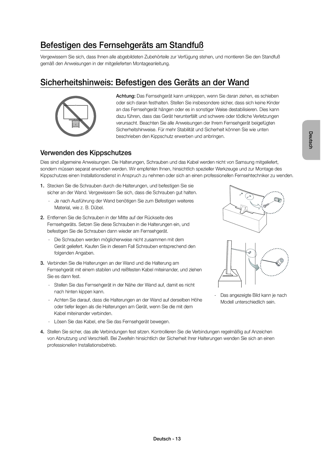 Samsung UE40JU6670UXXU Befestigen des Fernsehgeräts am Standfuß, Sicherheitshinweis Befestigen des Geräts an der Wand 