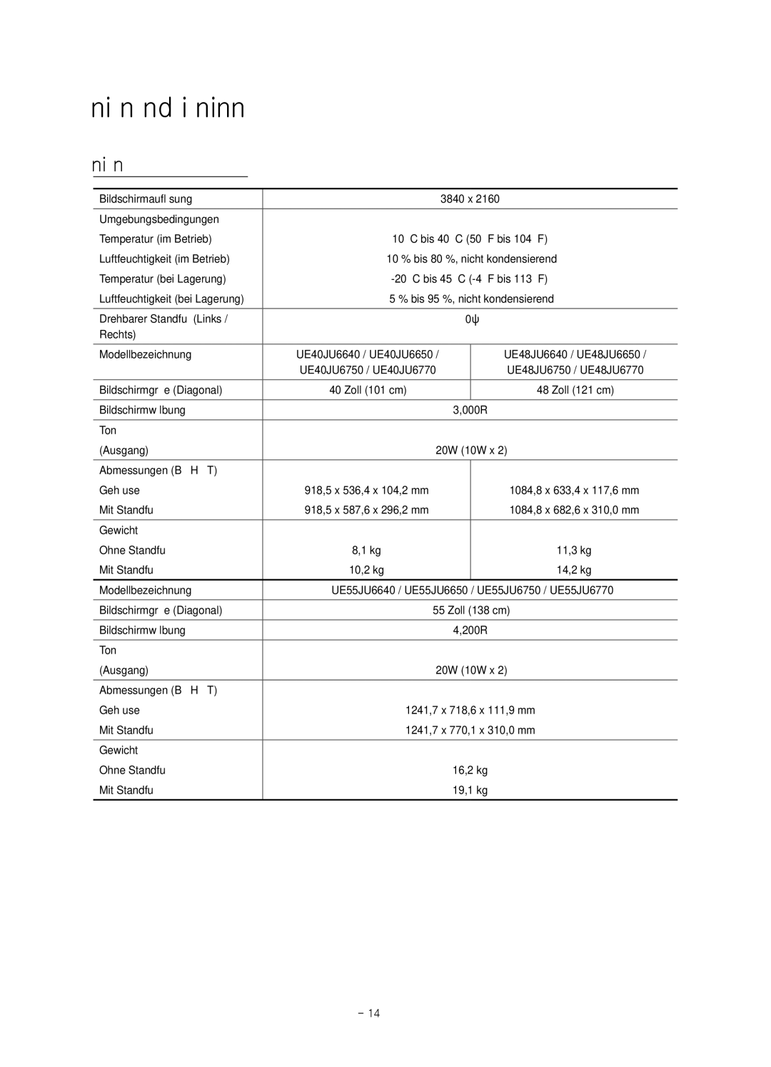 Samsung UE48JU6740SXXN, UE40JU6750UXZG, UE40JU6640UXZG, UE55JU6740SXXH manual Technische Daten und weitere Informationen 