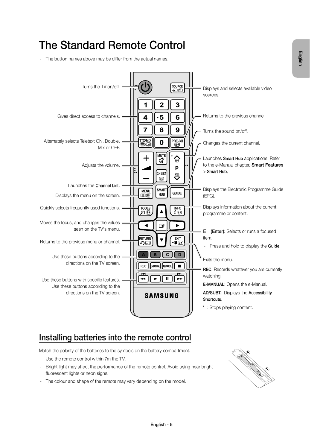 Samsung UE55JU6670SXXH manual Standard Remote Control, Installing batteries into the remote control, Adjusts the volume 