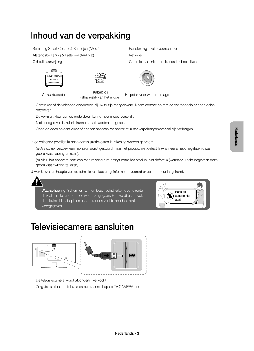 Samsung UE48JU6640UXZG, UE40JU6750UXZG manual Inhoud van de verpakking, Televisiecamera aansluiten, CI-kaartadapter 