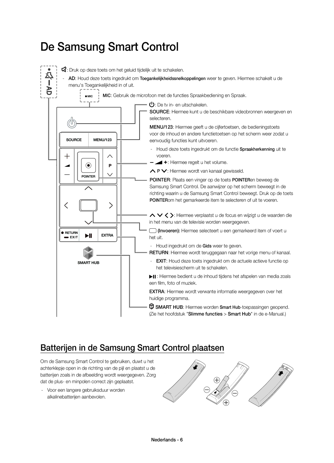 Samsung UE55JU6750UXZG, UE40JU6750UXZG manual De Samsung Smart Control, Batterijen in de Samsung Smart Control plaatsen 