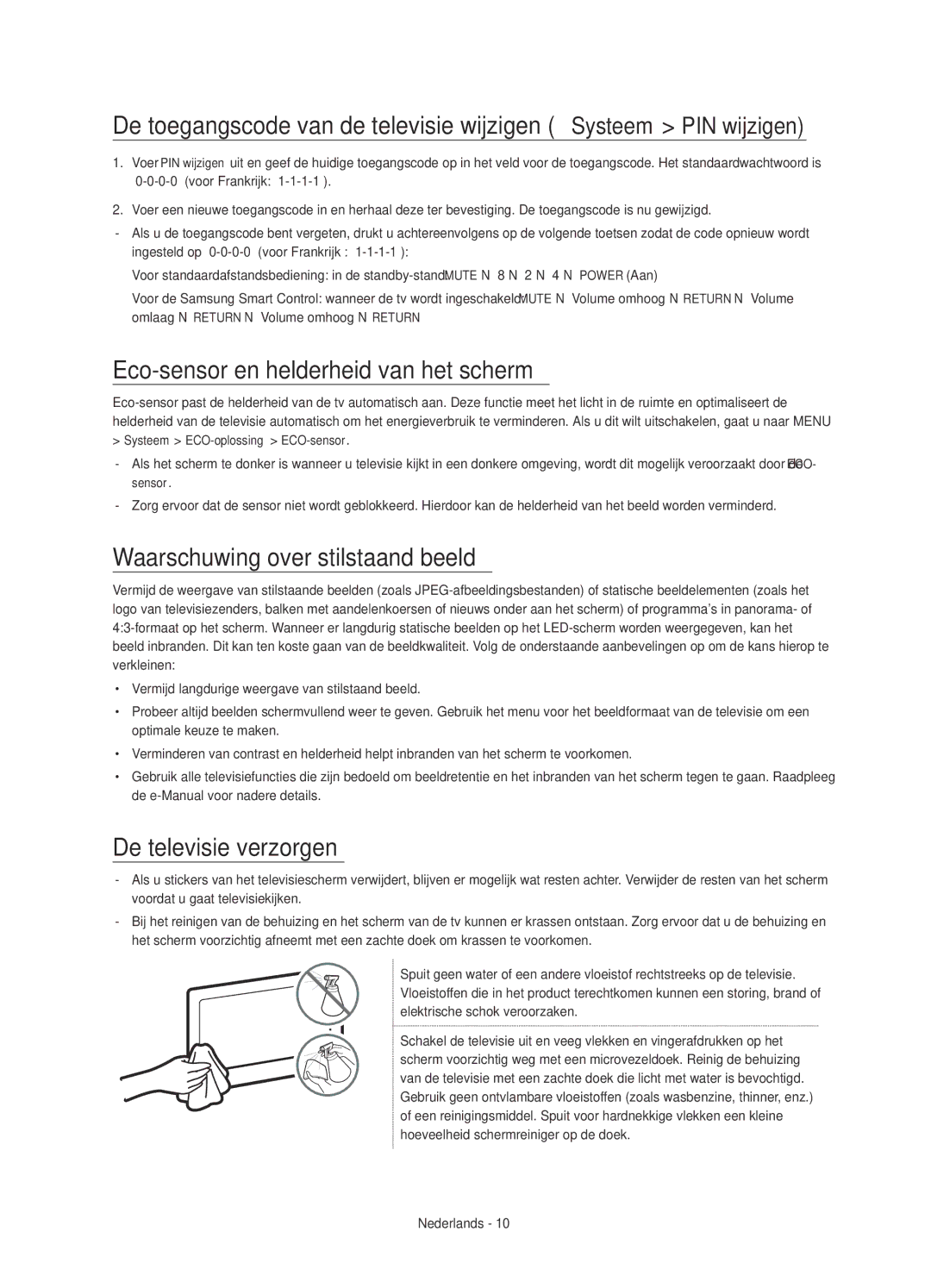 Samsung UE55JU6650SXXH Eco-sensor en helderheid van het scherm, Waarschuwing over stilstaand beeld, De televisie verzorgen 