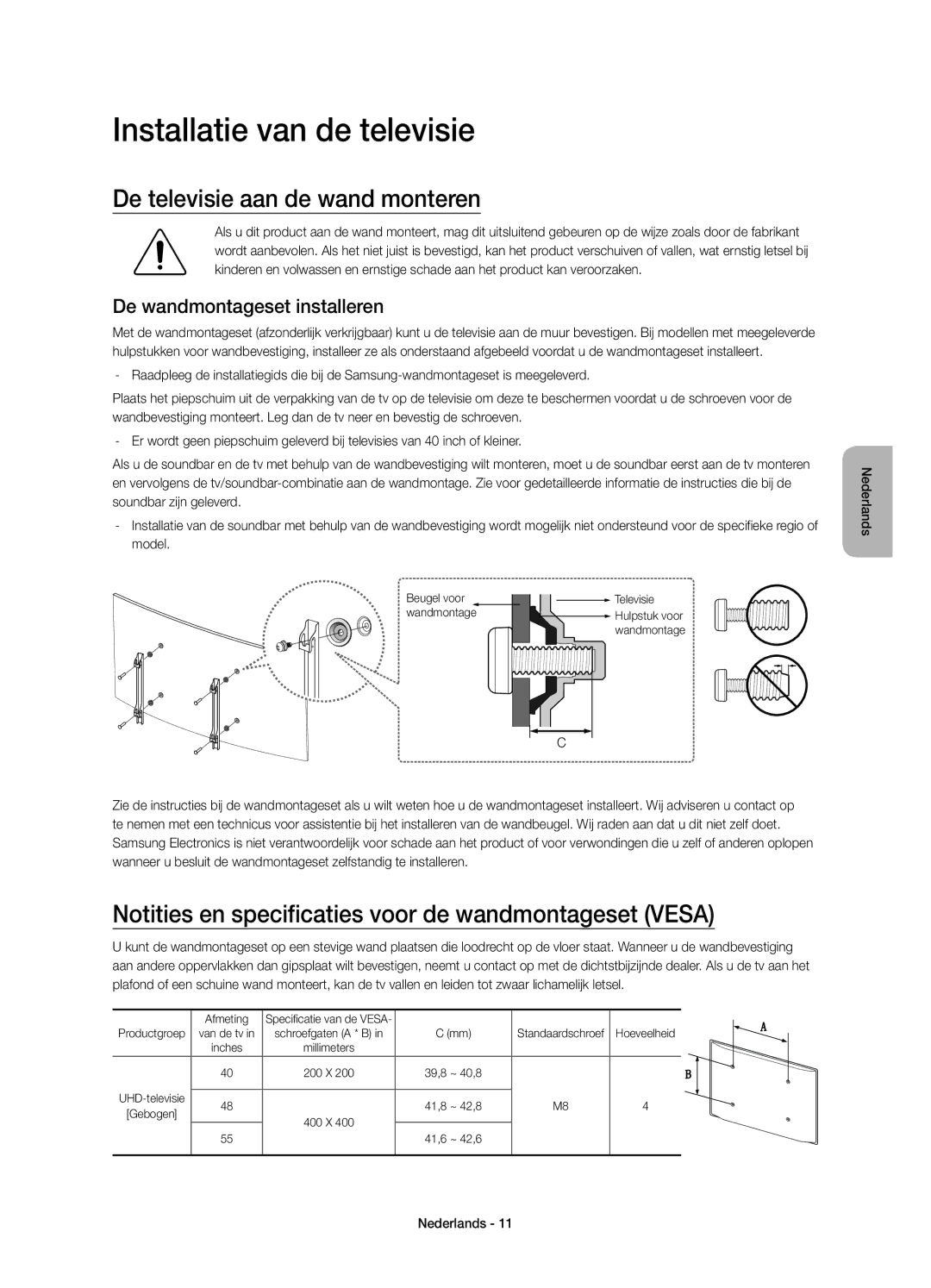 Samsung UE55JU6640UXZG Installatie van de televisie, De televisie aan de wand monteren, De wandmontageset installeren 