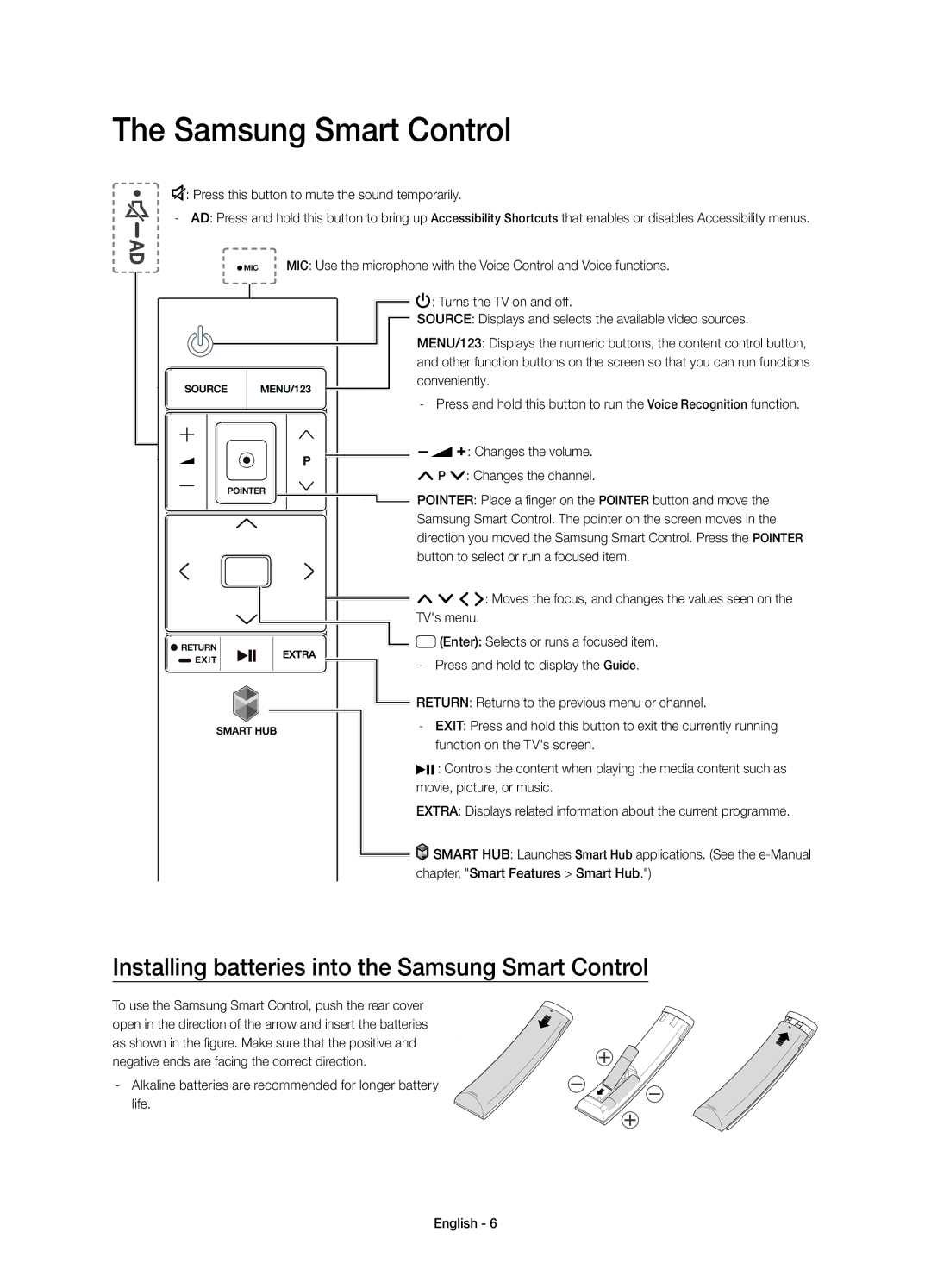 Samsung UE55JU6750UXZG, UE40JU6750UXZG, UE40JU6640UXZG manual Installing batteries into the Samsung Smart Control 