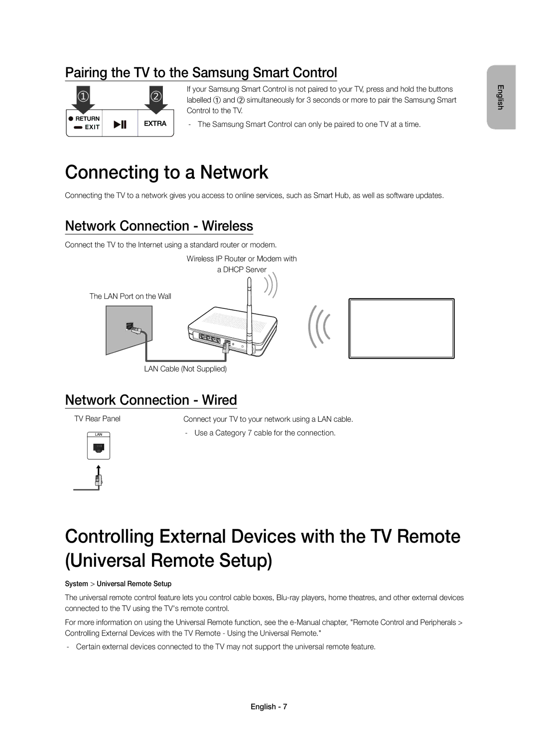 Samsung UE40JU6770UXZG Connecting to a Network, Pairing the TV to the Samsung Smart Control, Network Connection Wireless 