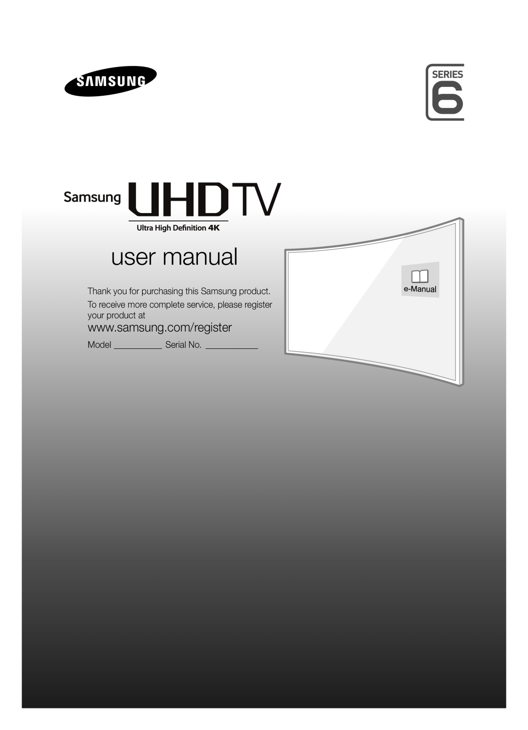 Samsung UE40JU6640UXZG, UE40JU6750UXZG manual user manual, Thank you for purchasing this Samsung product, Model Serial No 