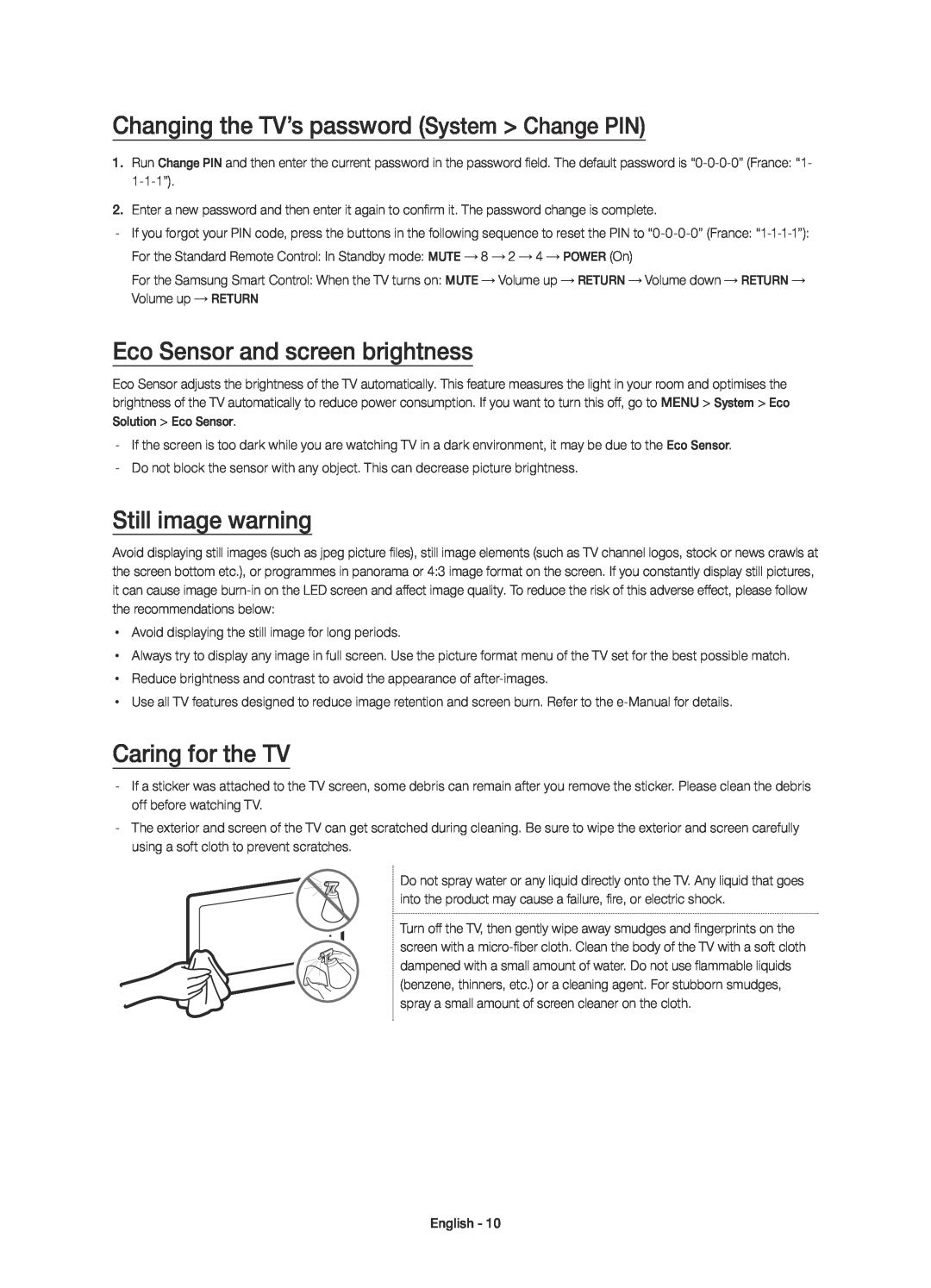 Samsung UE55JU6650SXXH Changing the TV’s password System Change PIN, Eco Sensor and screen brightness, Still image warning 
