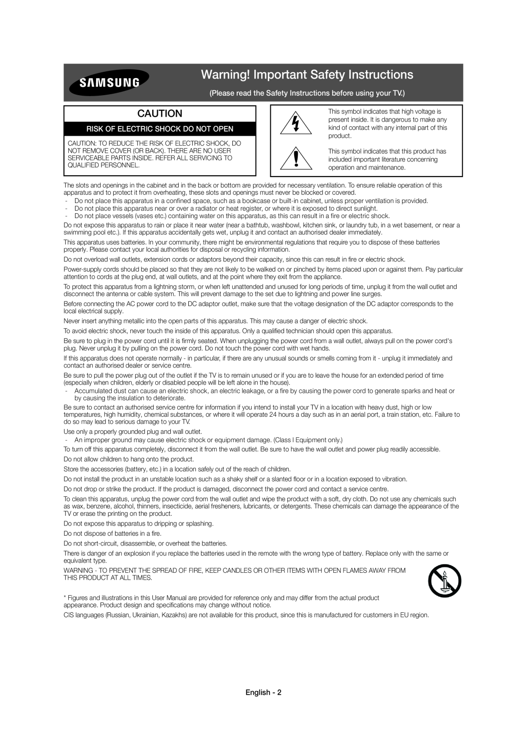 Samsung UE55JU6740SXXH Warning! Important Safety Instructions, Please read the Safety Instructions before using your TV 