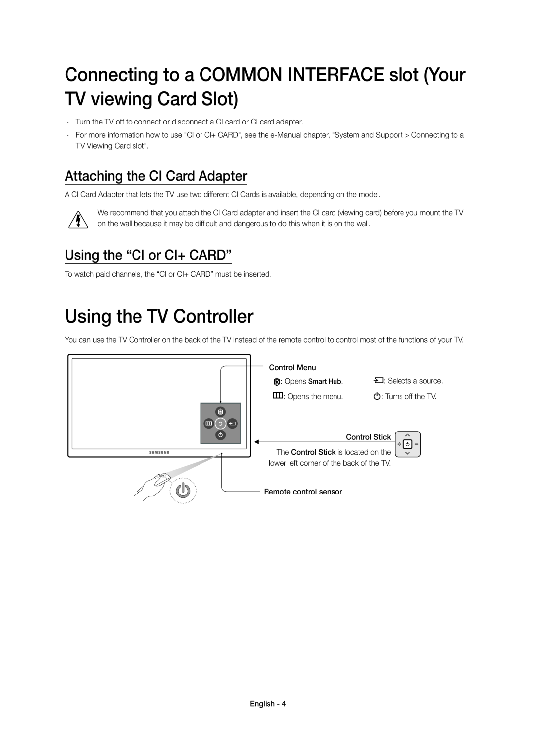 Samsung UE48JU6770UXZG manual Connecting to a COMMON INTERFACE slot Your TV viewing Card Slot, Using the TV Controller 