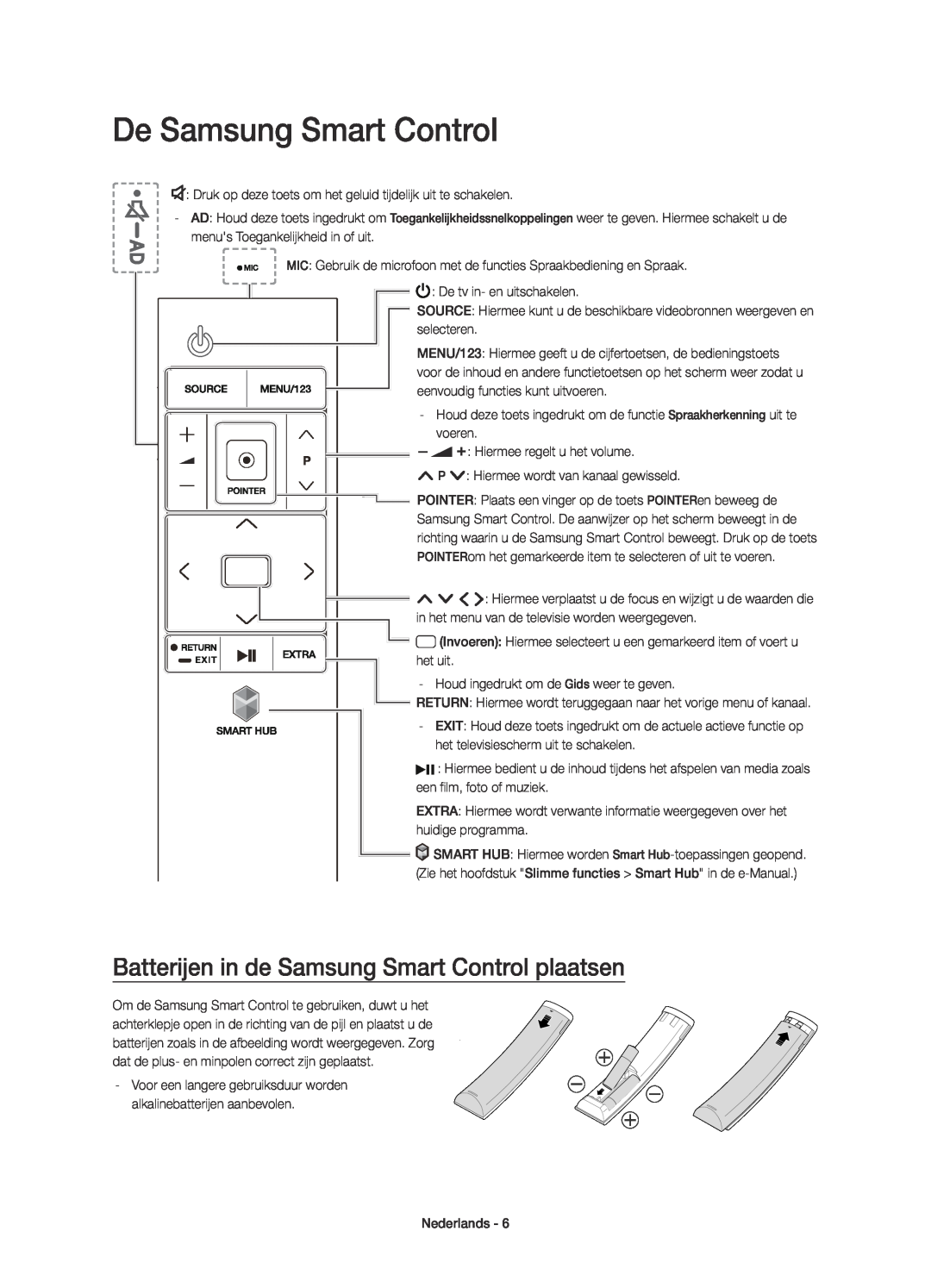 Samsung UE55JU6750UXZG, UE40JU6750UXZG manual De Samsung Smart Control, Batterijen in de Samsung Smart Control plaatsen 