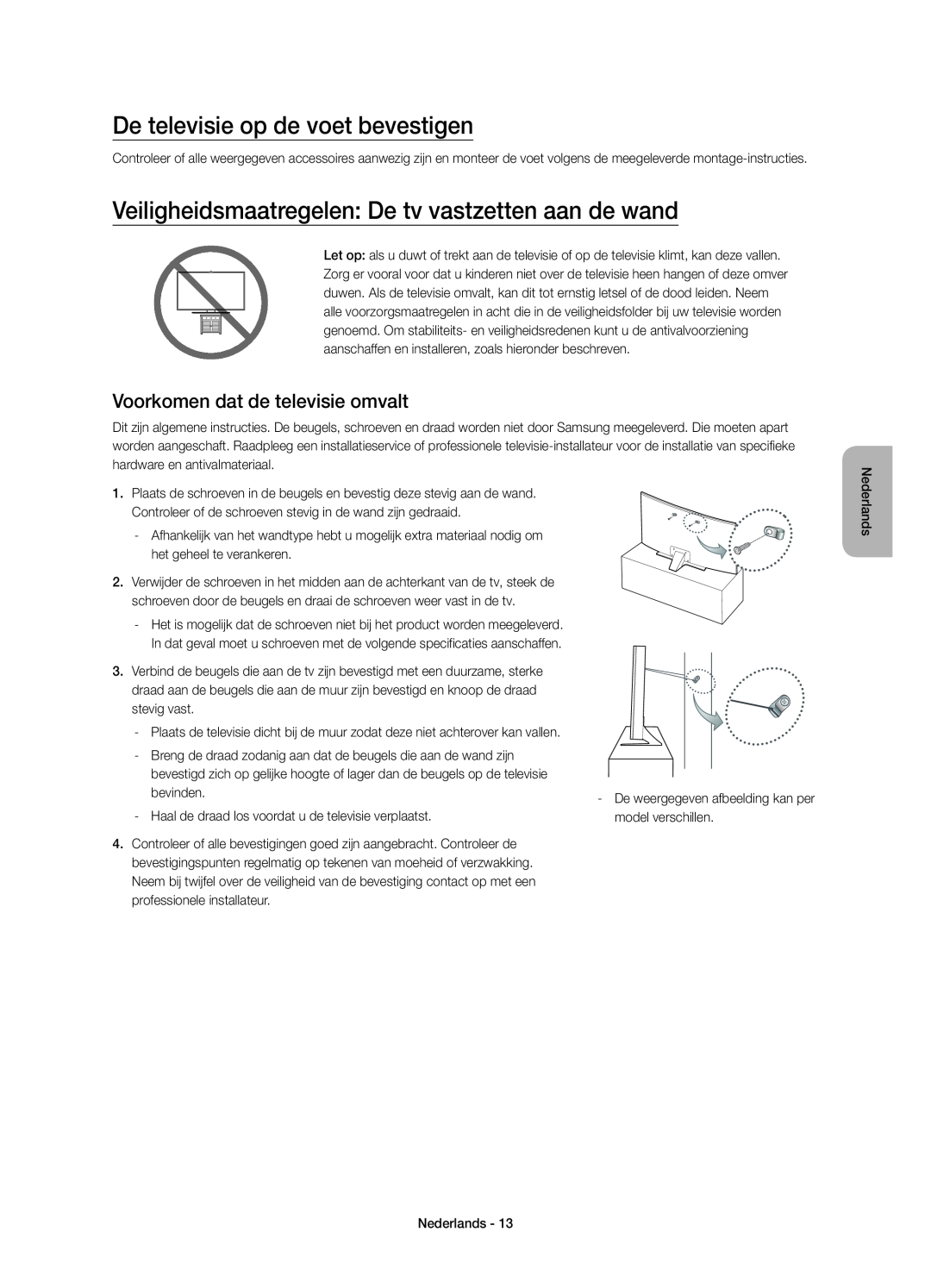 Samsung UE48JU6740SXXH manual De televisie op de voet bevestigen, Veiligheidsmaatregelen De tv vastzetten aan de wand 