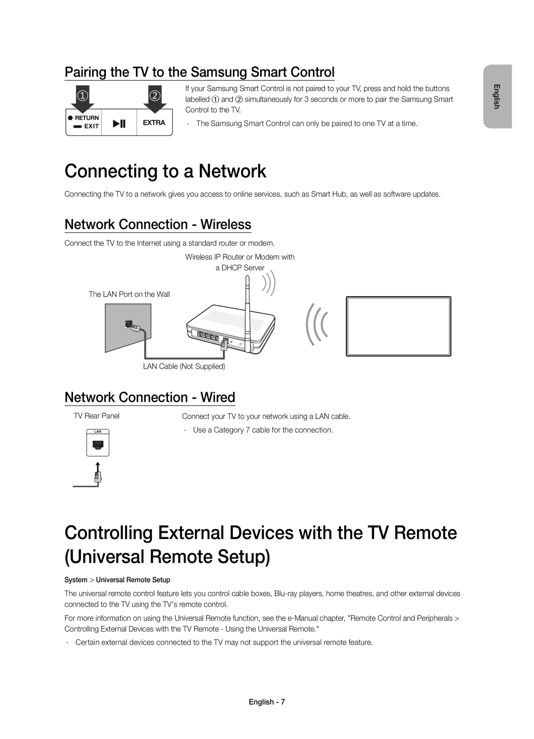 Samsung UE40JU6770UXZG Connecting to a Network, Pairing the TV to the Samsung Smart Control, Network Connection - Wireless 