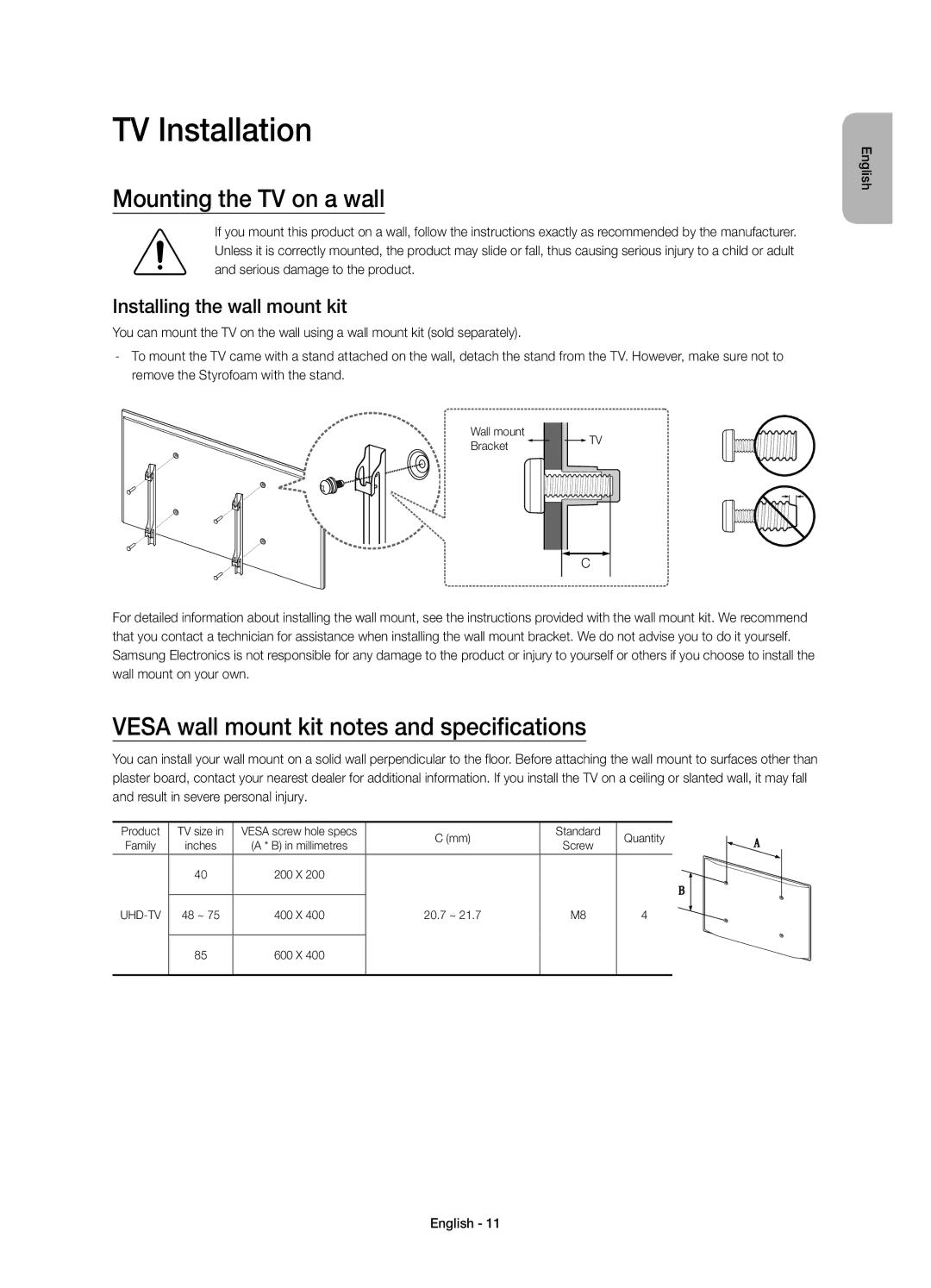 Samsung UE65JU7000TXZT manual TV Installation, Mounting the TV on a wall, Vesa wall mount kit notes and specifications 